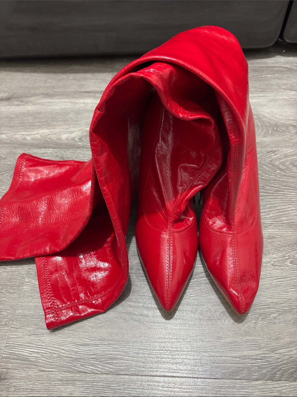 Red Pointed-Toe Knee-High Boots
